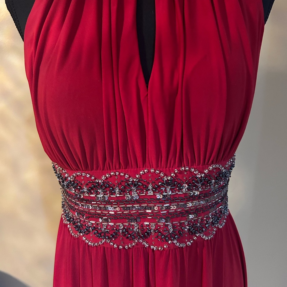 R & M Richards Red Beaded Waist Prom Dress